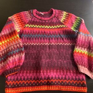 Womens Free People Colorful Balloon Sleeve Oversized Cotton Mohair Sweater Small